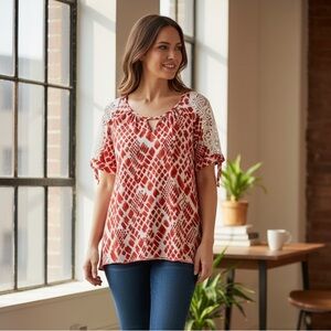 Womens Pretty Red White Lace Accent New York Laundry Shirt Size Medium